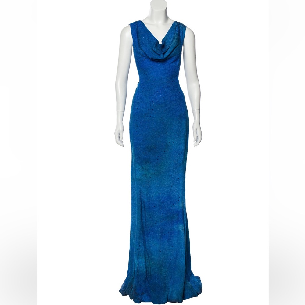 RENE RUIZ Blue Cowl Neck Long Beaded Dress